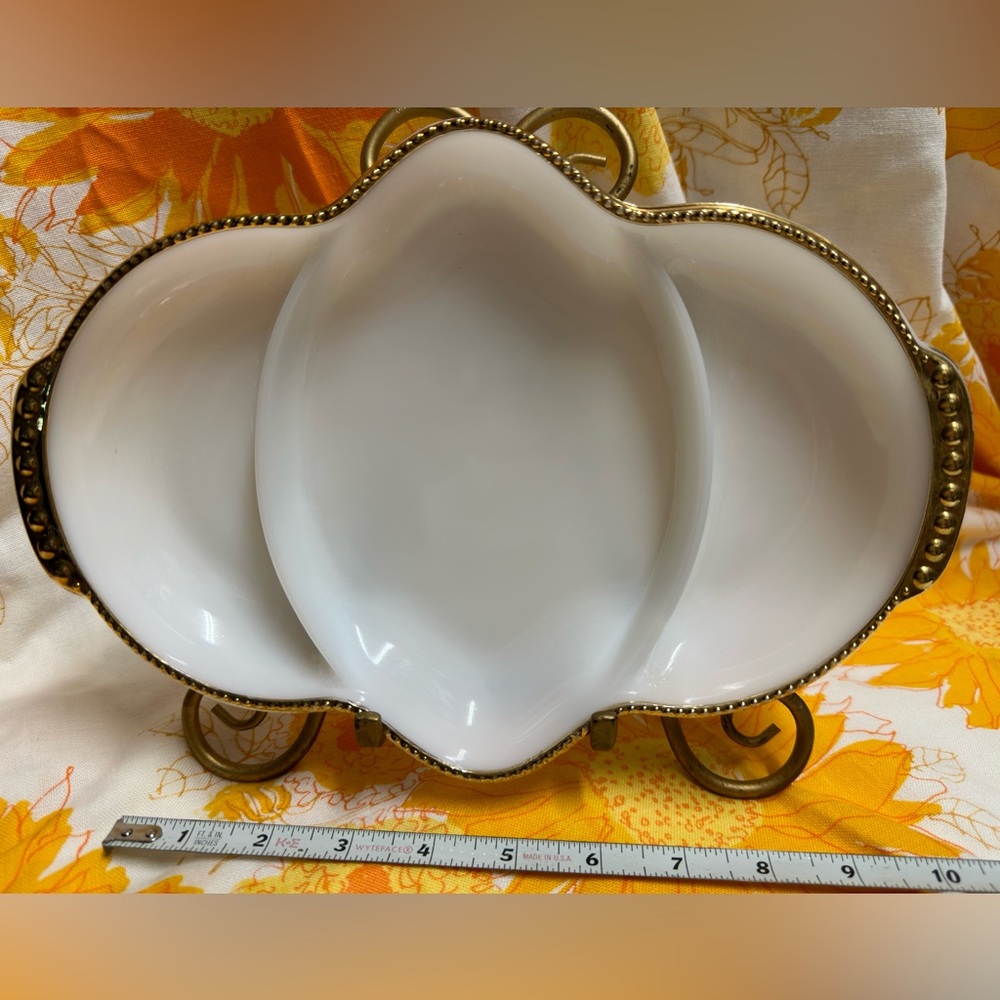 Vintage FireKing Ovenware Gold Rimmed Divided Serving Dish Milk glass Trinket